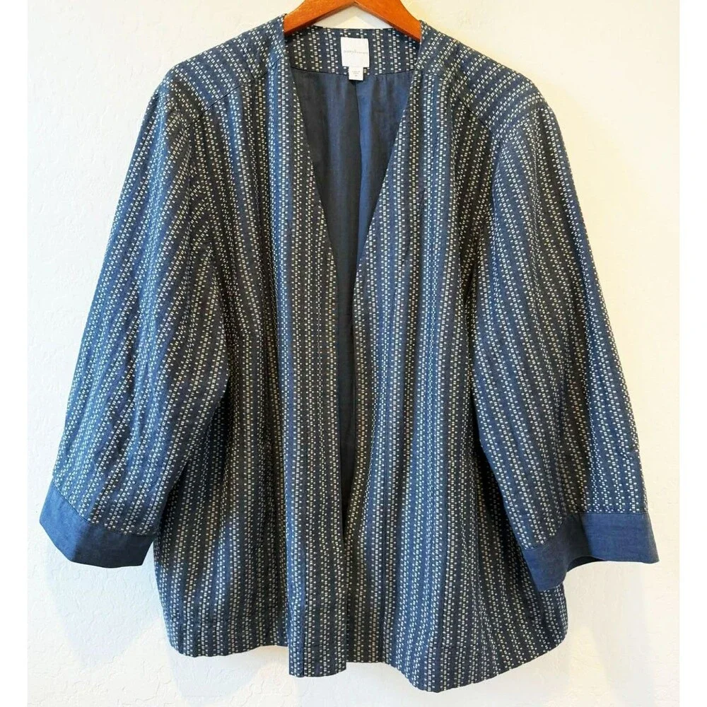 Purejill J.Jill size 3X Plus Blue Cream Cotton Jacket Pockets Lightweight Womens